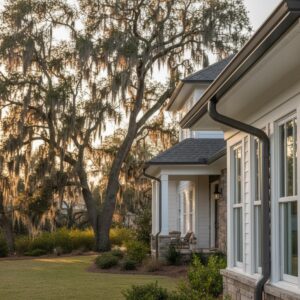 Newly installed seamless aluminum gutters along the roofline of a coastal Savannah-area home