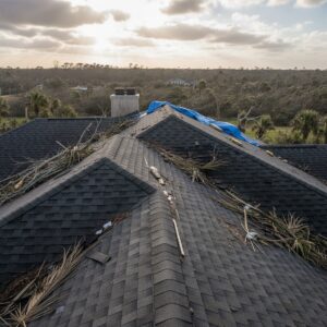 Wind and storm damage on a residential asphalt shingle roof on the Georgia coast